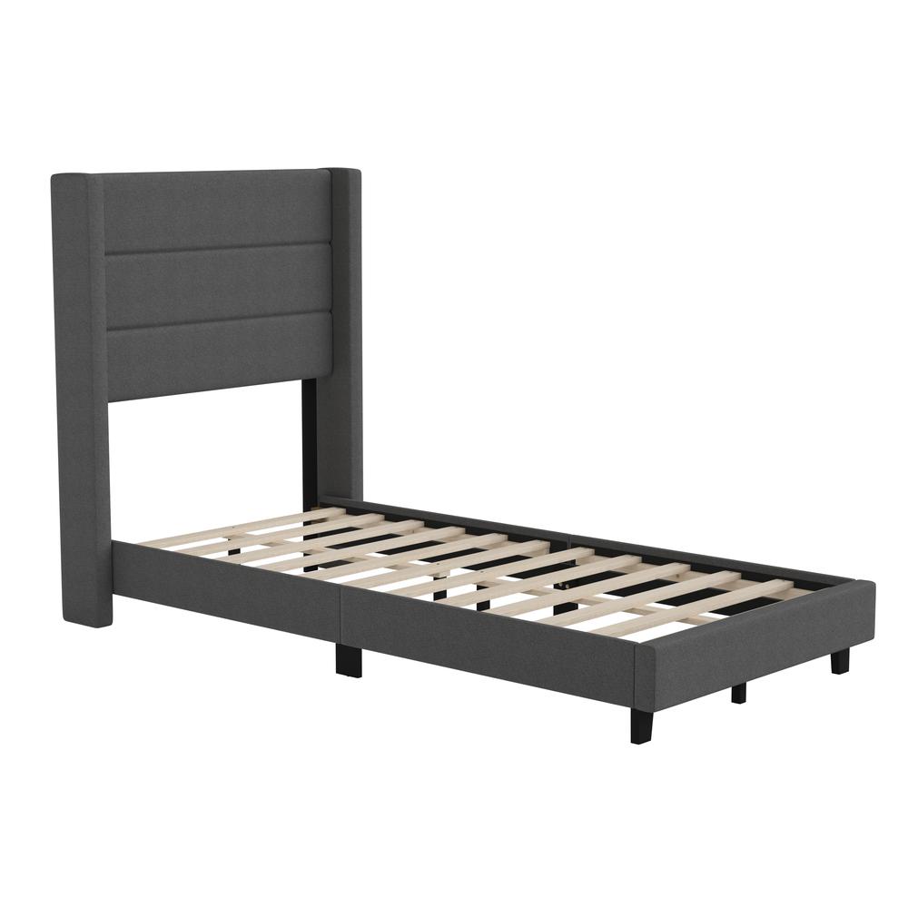 Twin Upholstered Platform Bed with Wingback Headboard, Charcoal Faux Linen. Picture 2