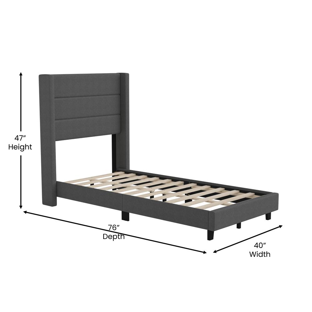 Twin Upholstered Platform Bed with Wingback Headboard, Charcoal Faux Linen. Picture 5