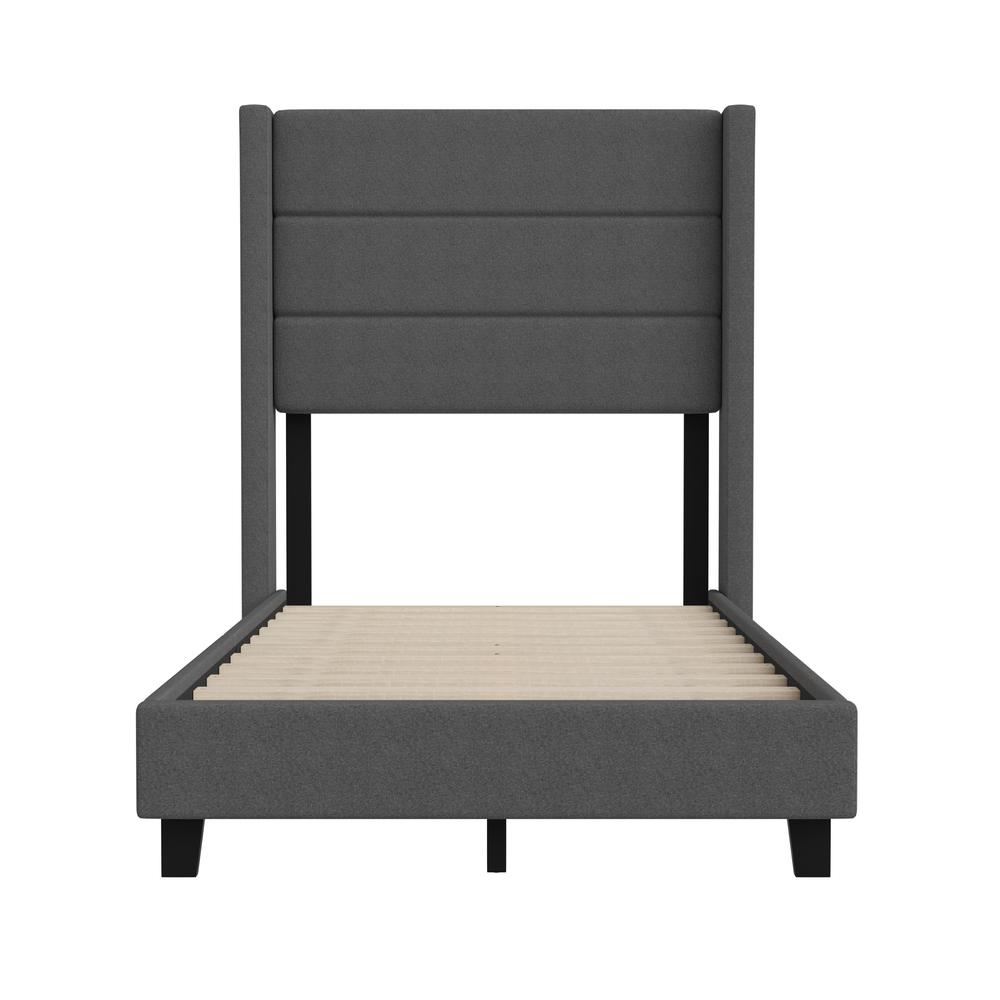 Twin Upholstered Platform Bed with Wingback Headboard, Charcoal Faux Linen. Picture 10