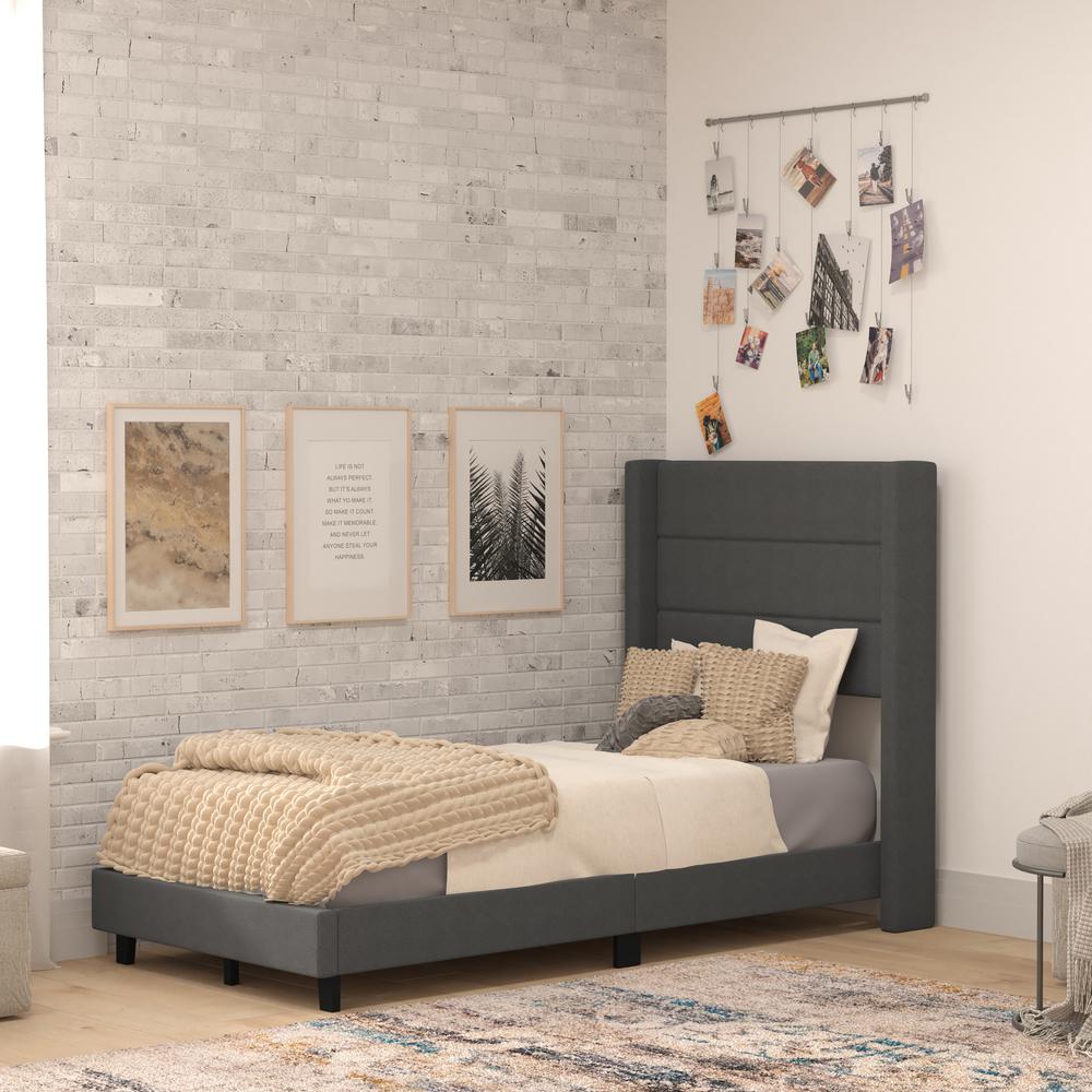 Twin Upholstered Platform Bed with Wingback Headboard, Charcoal Faux Linen. Picture 1