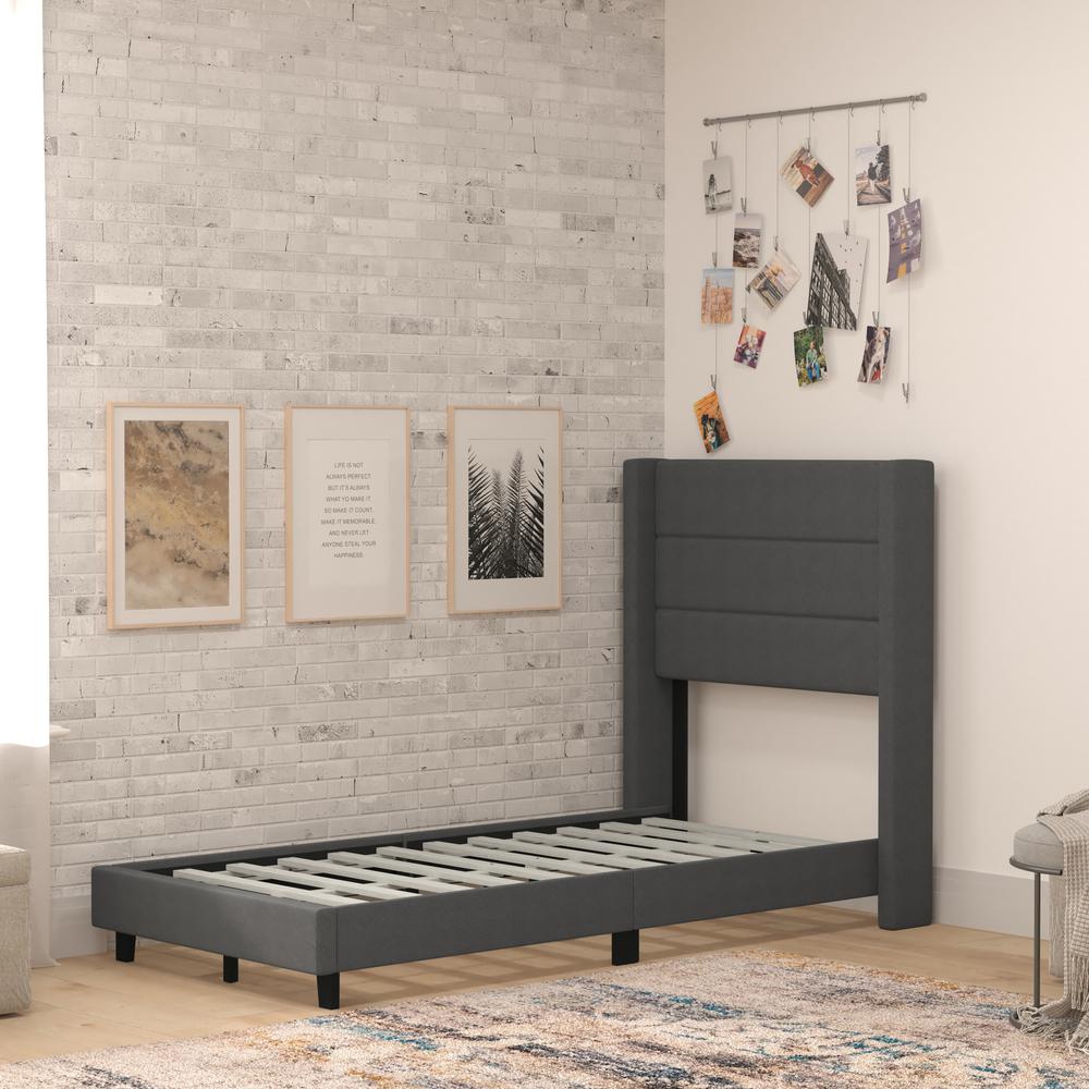 Twin Upholstered Platform Bed with Wingback Headboard, Charcoal Faux Linen. Picture 6