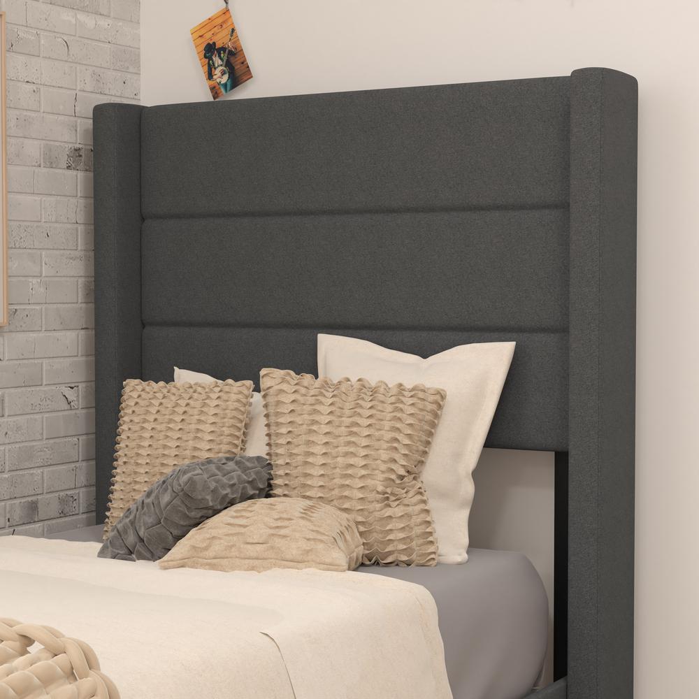 Twin Upholstered Platform Bed with Wingback Headboard, Charcoal Faux Linen. Picture 7