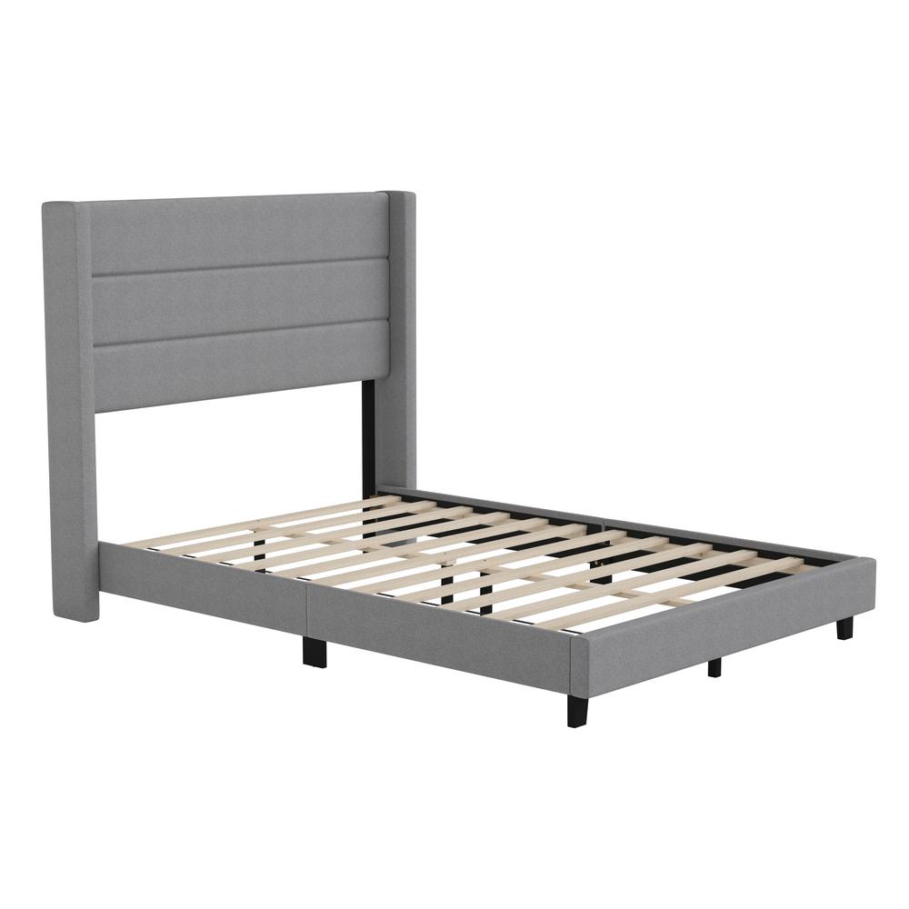 Full Upholstered Platform Bed with Wingback Headboard, Gray Faux Linen. Picture 2