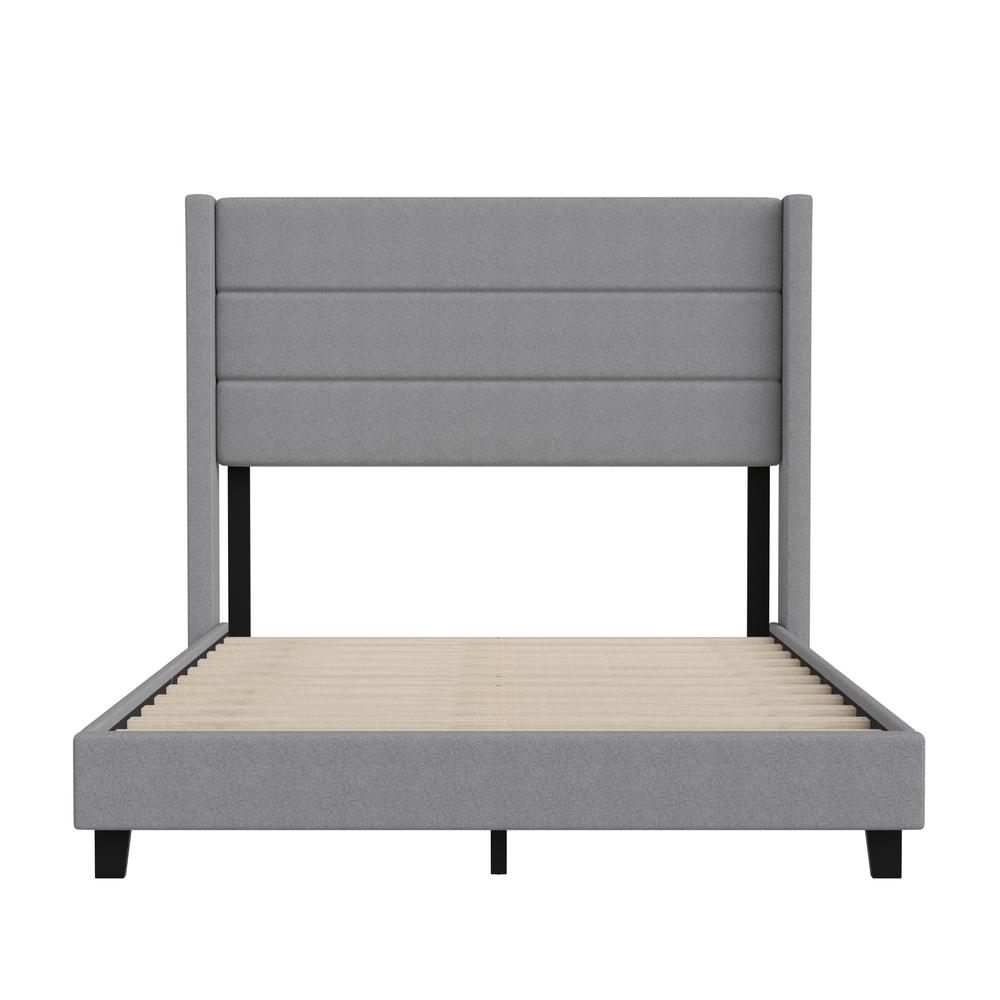 Full Upholstered Platform Bed with Wingback Headboard, Gray Faux Linen. Picture 10