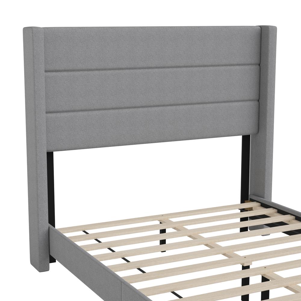Full Upholstered Platform Bed with Wingback Headboard, Gray Faux Linen. Picture 11