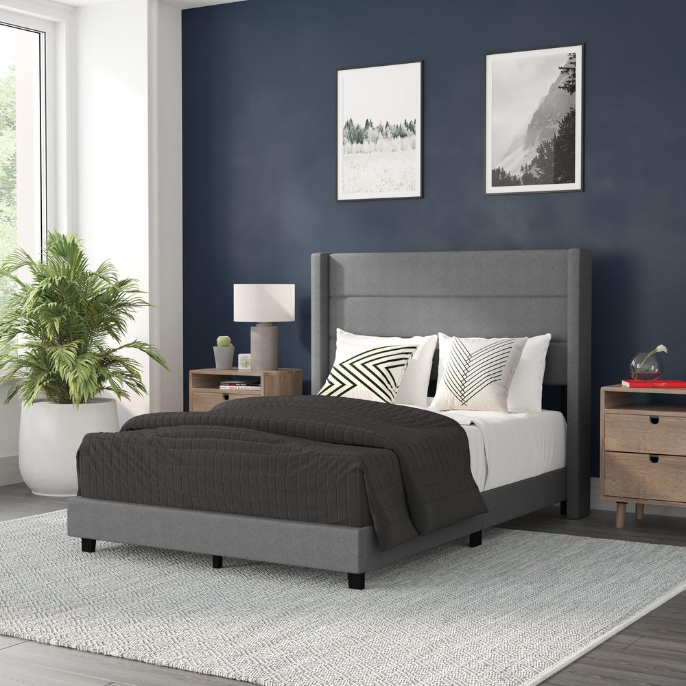 Full Upholstered Platform Bed with Wingback Headboard, Gray Faux Linen. Picture 1