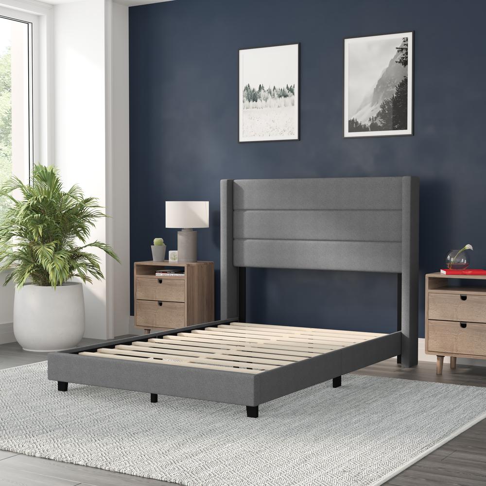 Full Upholstered Platform Bed with Wingback Headboard, Gray Faux Linen. Picture 6