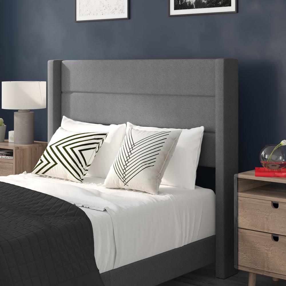 Full Upholstered Platform Bed with Wingback Headboard, Gray Faux Linen. Picture 7