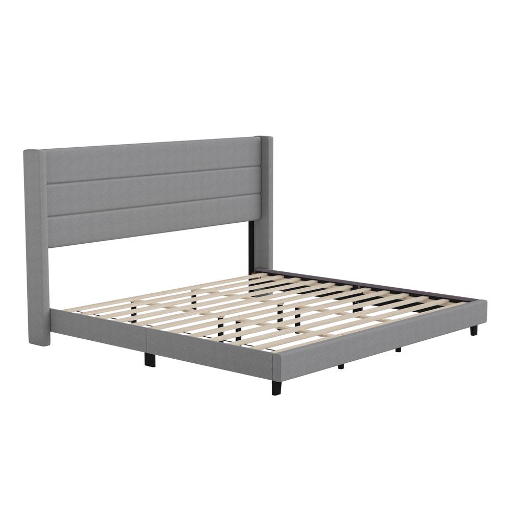 Hollis King Upholstered Platform Bed with Wingback Headboard, Mattress Foundation with Slatted Supports, No Box Spring Needed, Gray Faux Linen. Picture 2