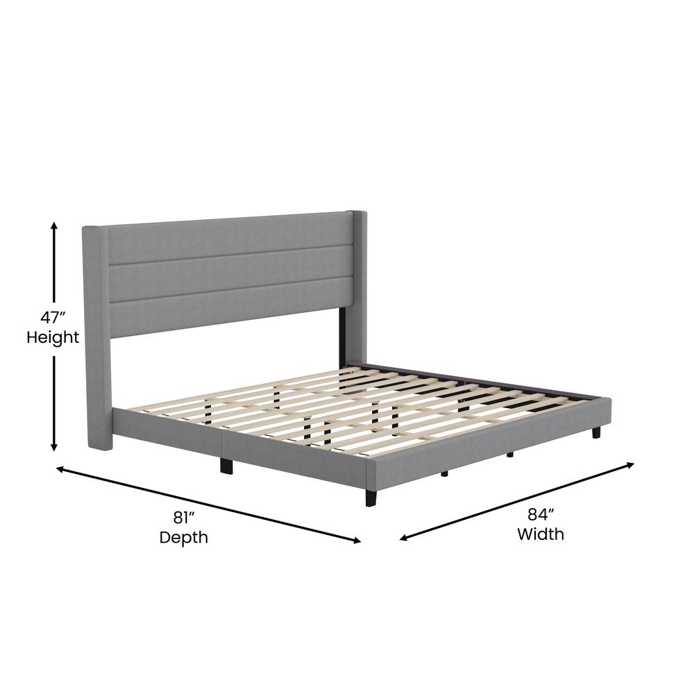 Hollis King Upholstered Platform Bed with Wingback Headboard, Mattress Foundation with Slatted Supports, No Box Spring Needed, Gray Faux Linen. Picture 5