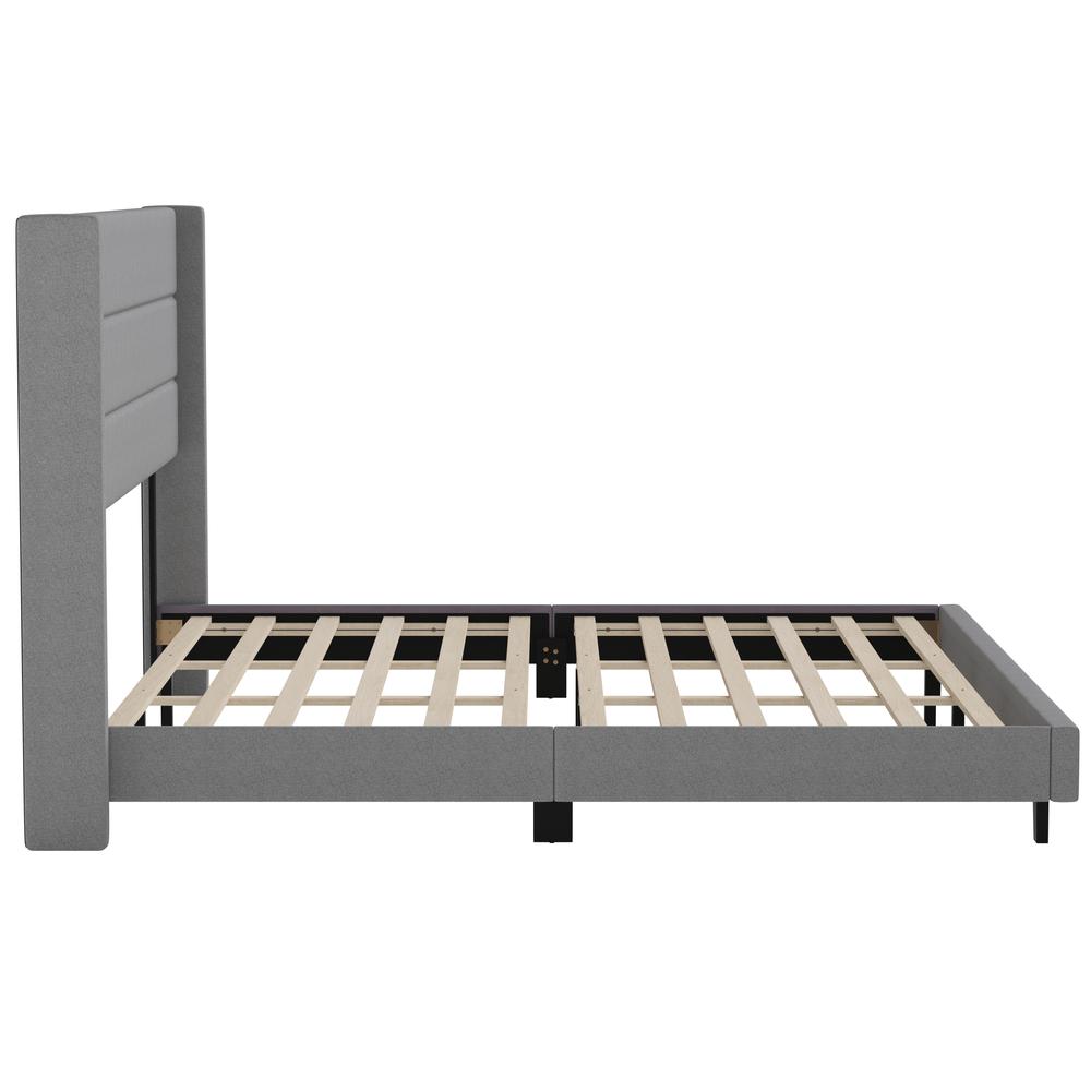 Hollis King Upholstered Platform Bed with Wingback Headboard, Mattress Foundation with Slatted Supports, No Box Spring Needed, Gray Faux Linen. Picture 9