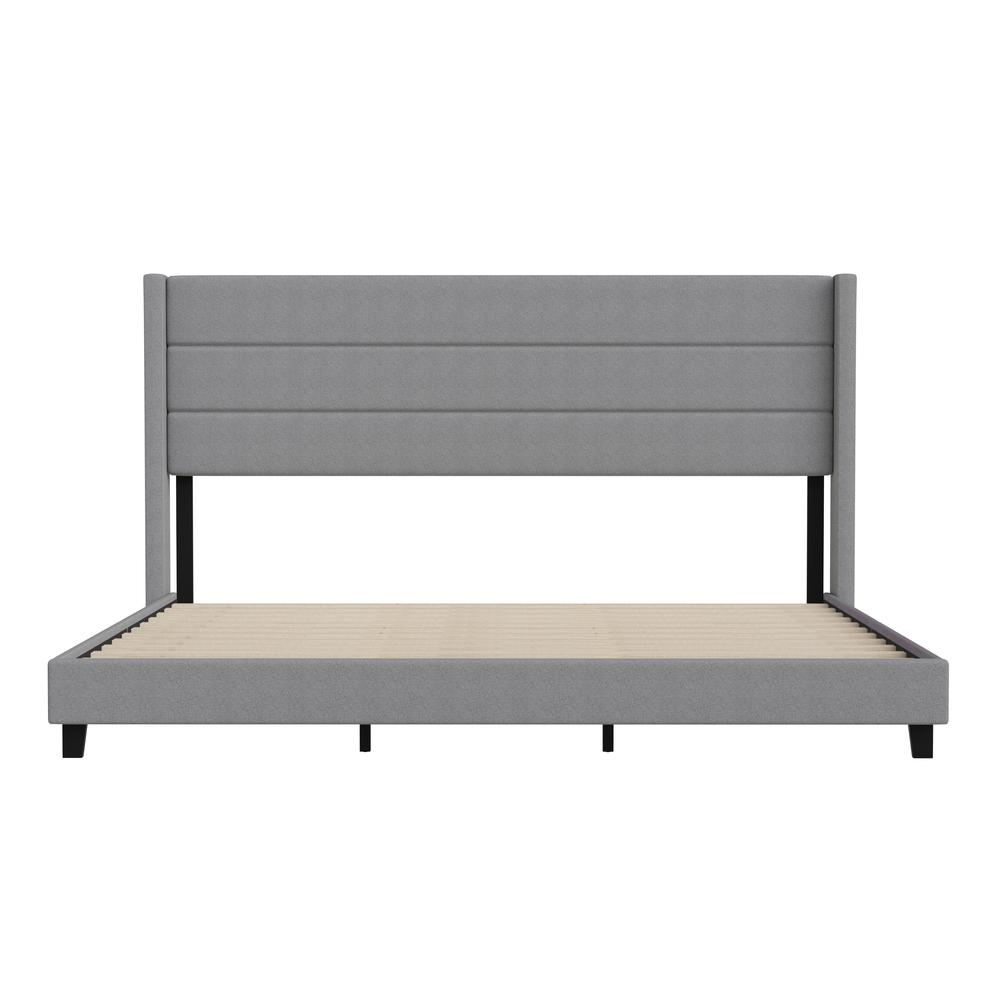 Hollis King Upholstered Platform Bed with Wingback Headboard, Mattress Foundation with Slatted Supports, No Box Spring Needed, Gray Faux Linen. Picture 10