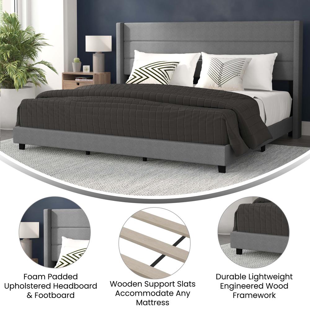 Hollis King Upholstered Platform Bed with Wingback Headboard, Mattress Foundation with Slatted Supports, No Box Spring Needed, Gray Faux Linen. Picture 4