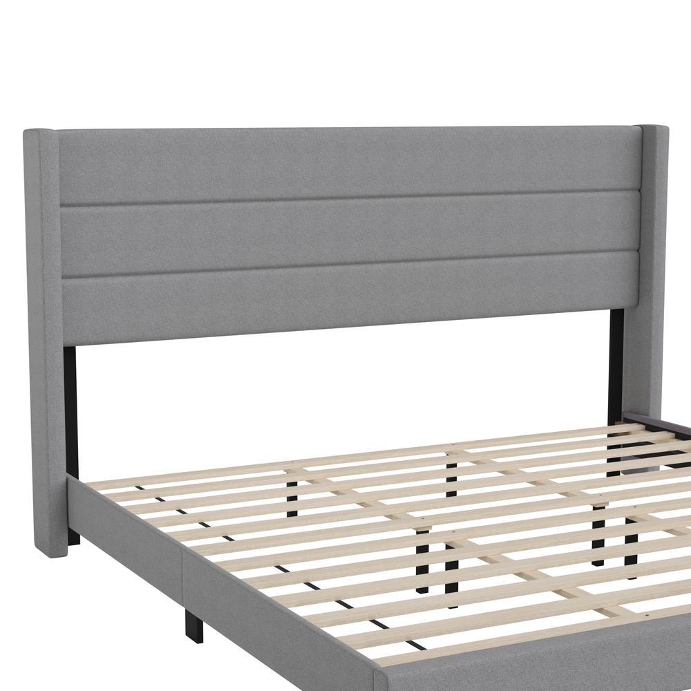 Hollis King Upholstered Platform Bed with Wingback Headboard, Mattress Foundation with Slatted Supports, No Box Spring Needed, Gray Faux Linen. Picture 11