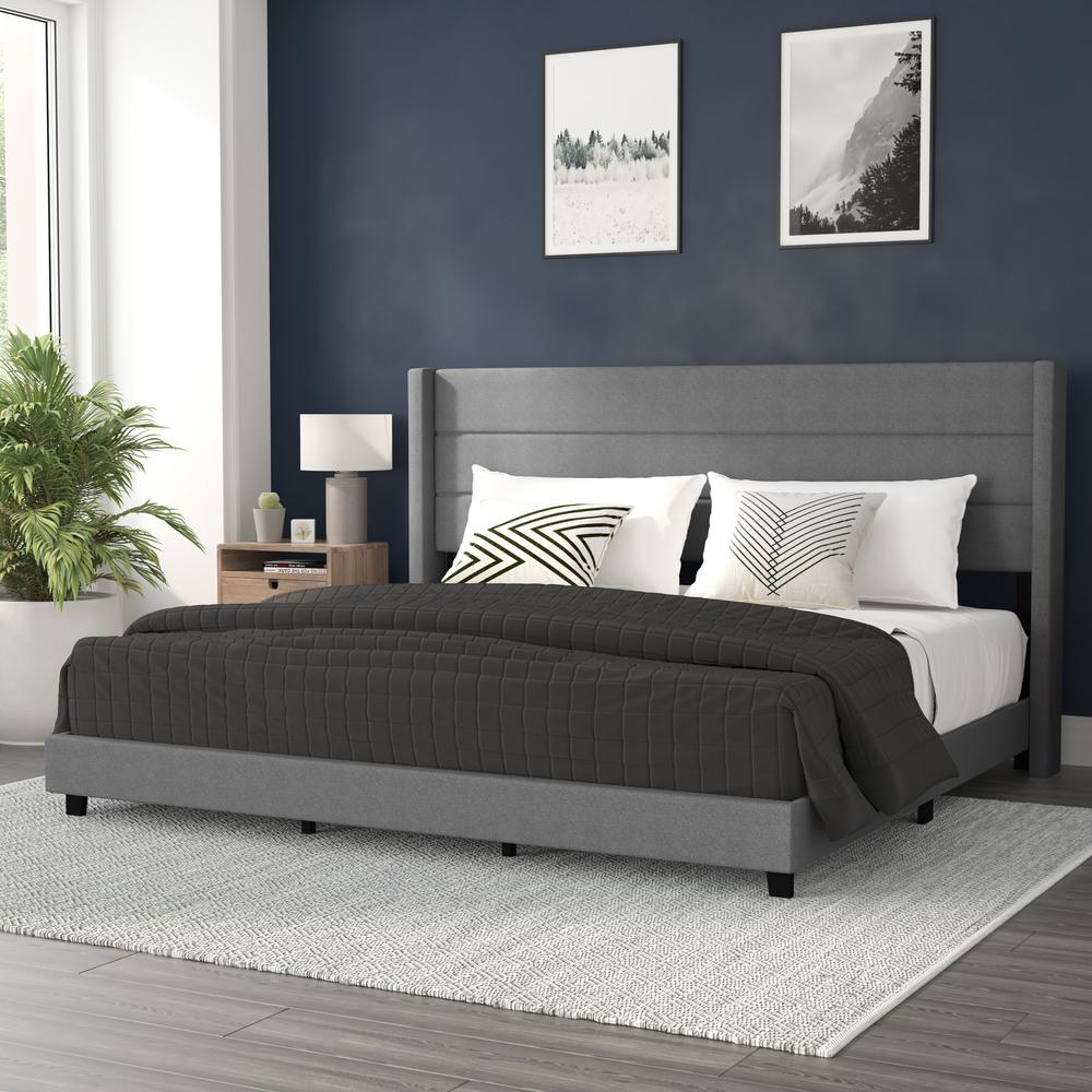 Hollis King Upholstered Platform Bed with Wingback Headboard, Mattress Foundation with Slatted Supports, No Box Spring Needed, Gray Faux Linen. The main picture.
