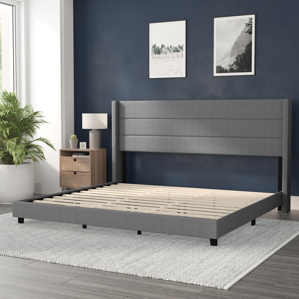 Hollis King Upholstered Platform Bed with Wingback Headboard, Mattress Foundation with Slatted Supports, No Box Spring Needed, Gray Faux Linen. Picture 6