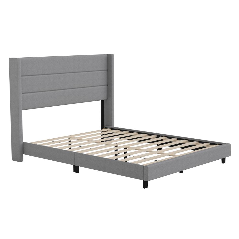 Queen Upholstered Platform Bed with Wingback Headboard, Gray Faux Linen. Picture 2
