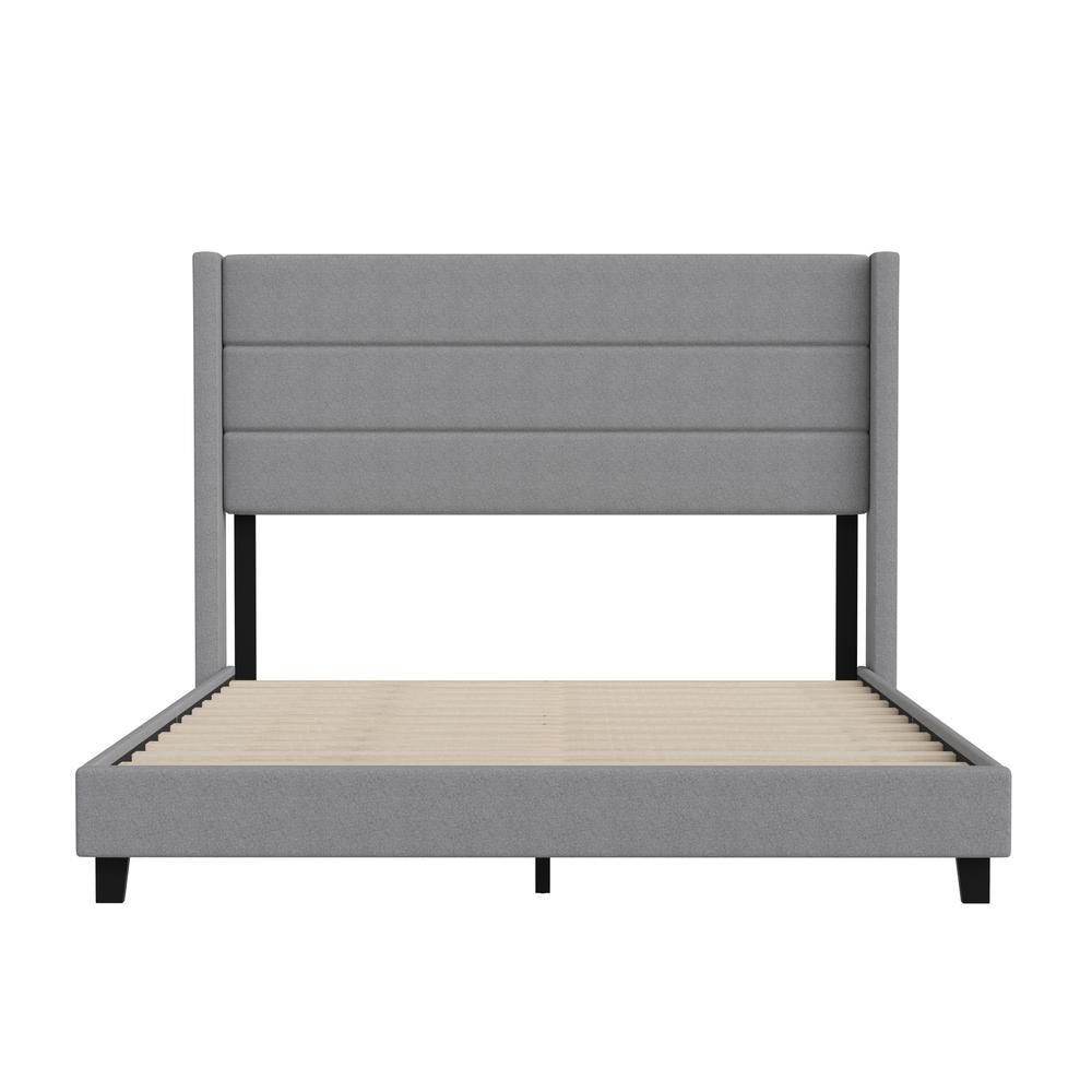 Queen Upholstered Platform Bed with Wingback Headboard, Gray Faux Linen. Picture 10