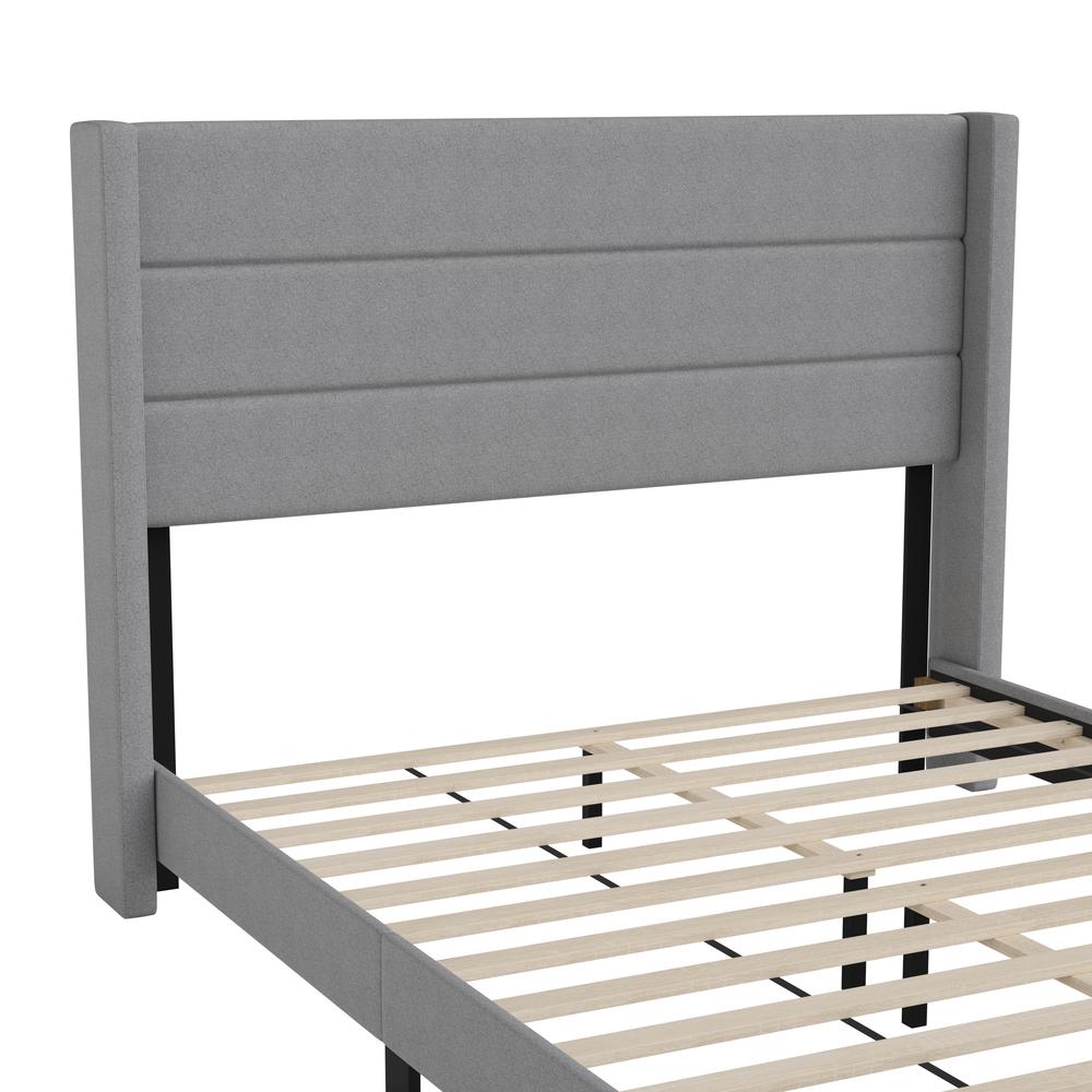 Queen Upholstered Platform Bed with Wingback Headboard, Gray Faux Linen. Picture 11