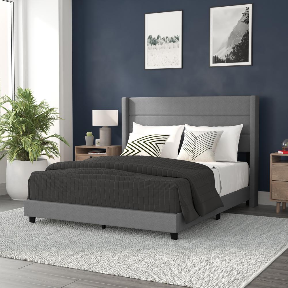 Queen Upholstered Platform Bed with Wingback Headboard, Gray Faux Linen. Picture 1