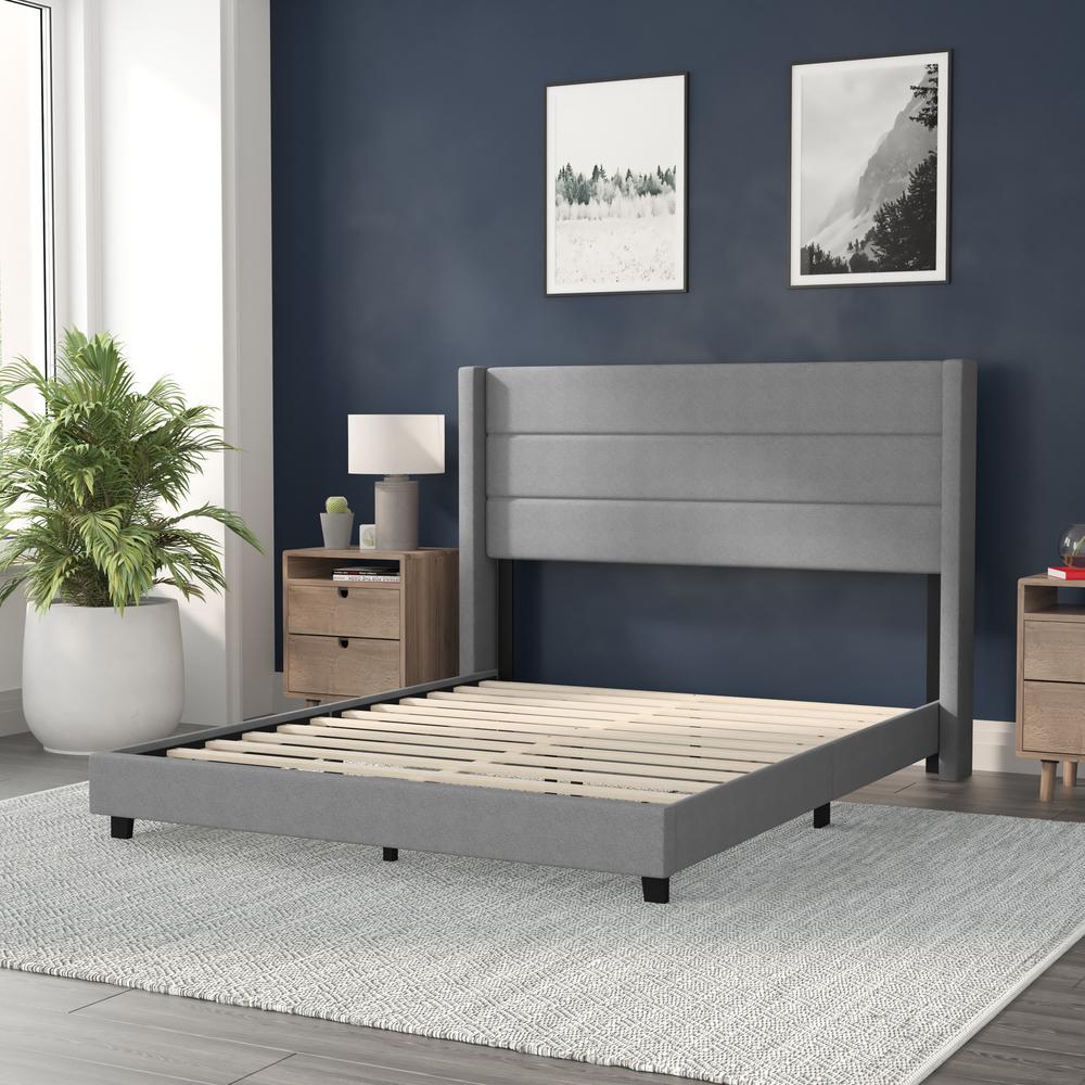 Queen Upholstered Platform Bed with Wingback Headboard, Gray Faux Linen. Picture 6