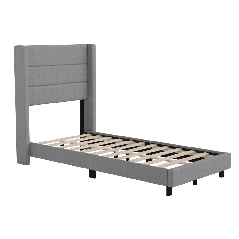 Twin Upholstered Platform Bed with Wingback Headboard, Gray Faux Linen. Picture 2