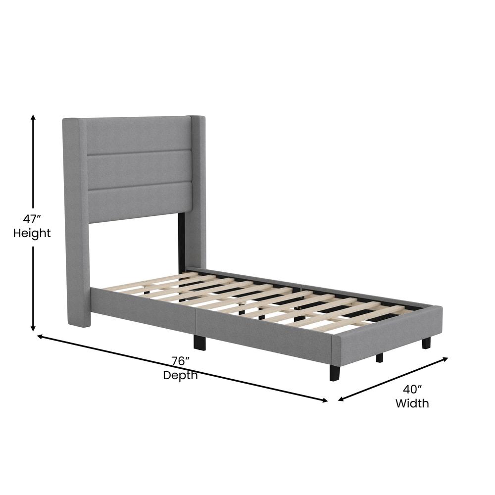 Twin Upholstered Platform Bed with Wingback Headboard, Gray Faux Linen. Picture 5