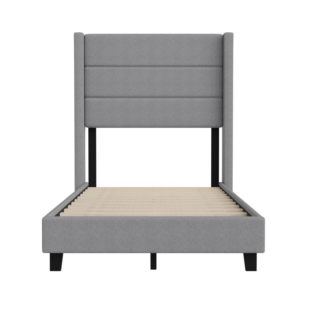 Twin Upholstered Platform Bed with Wingback Headboard, Gray Faux Linen. Picture 10