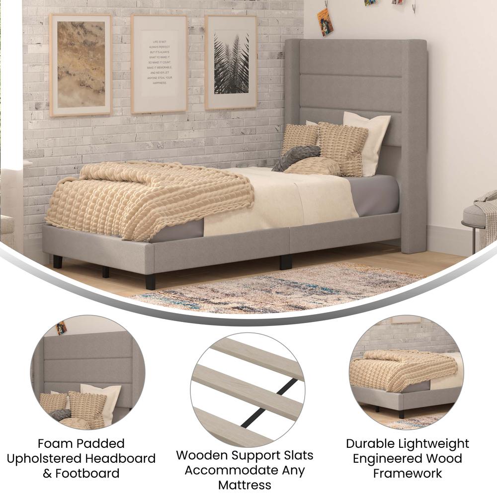 Twin Upholstered Platform Bed with Wingback Headboard, Gray Faux Linen. Picture 4