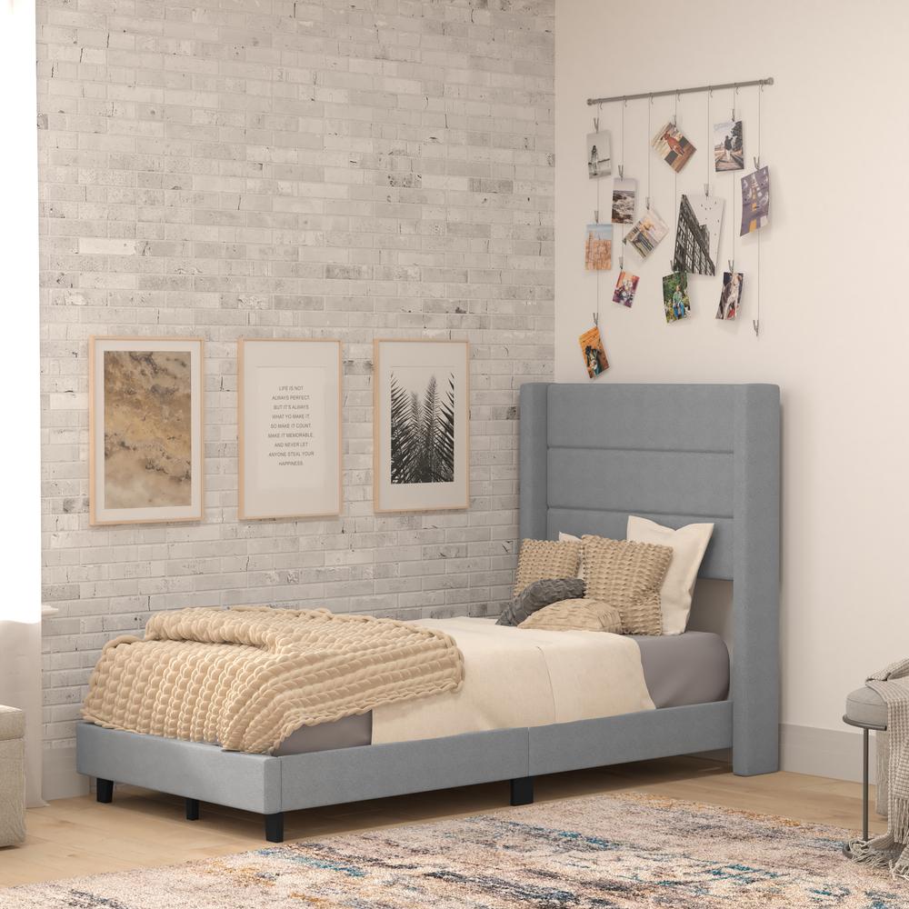 Twin Upholstered Platform Bed with Wingback Headboard, Gray Faux Linen. Picture 1