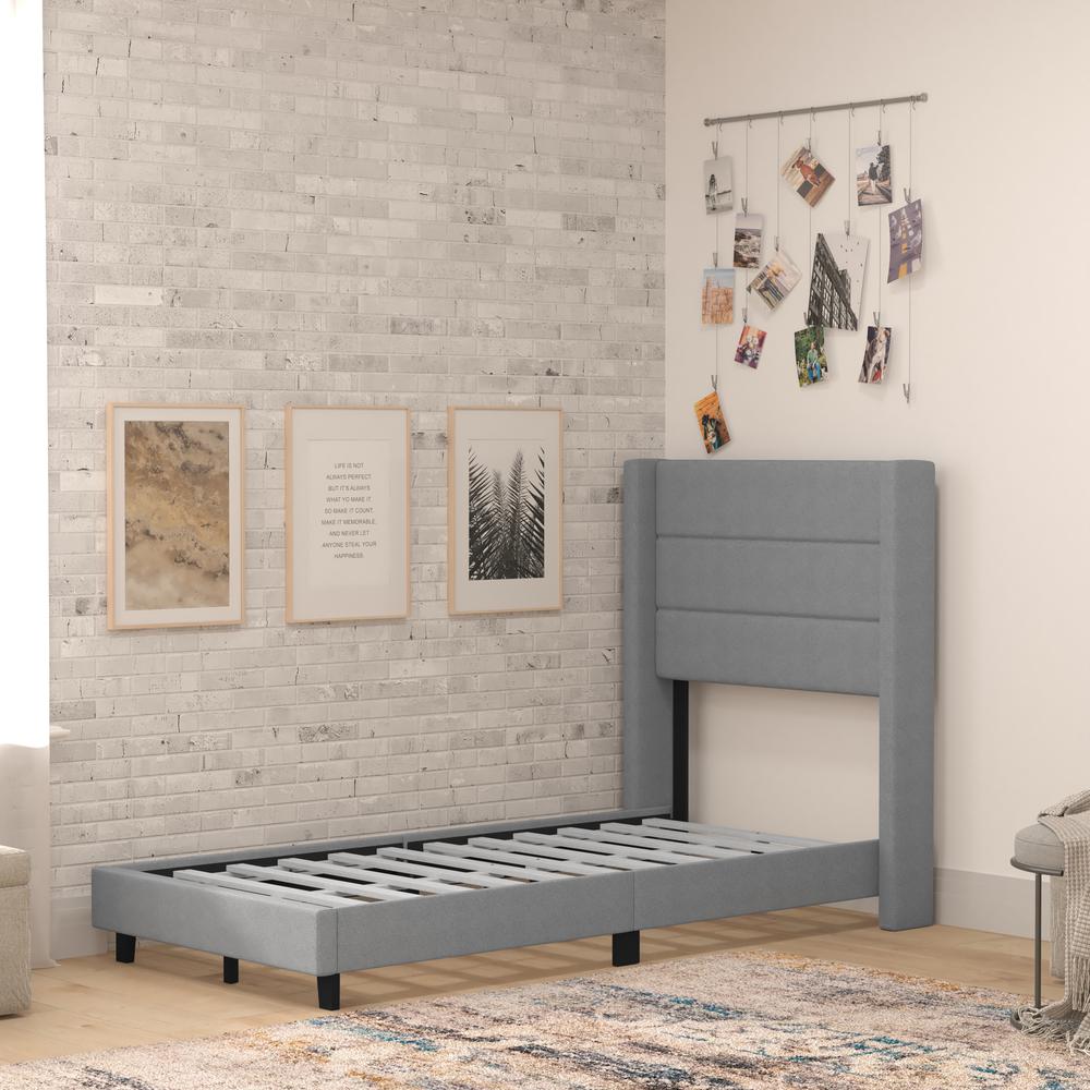 Twin Upholstered Platform Bed with Wingback Headboard, Gray Faux Linen. Picture 6