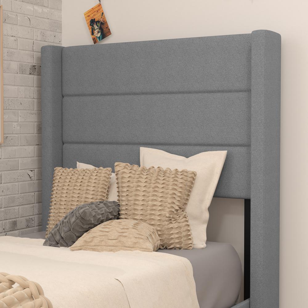 Twin Upholstered Platform Bed with Wingback Headboard, Gray Faux Linen. Picture 7