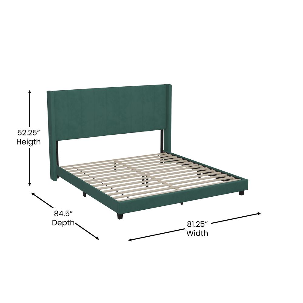 King Upholstered Platform Bed with Vertical Stitched Headboard, Emerald Velvet. Picture 5