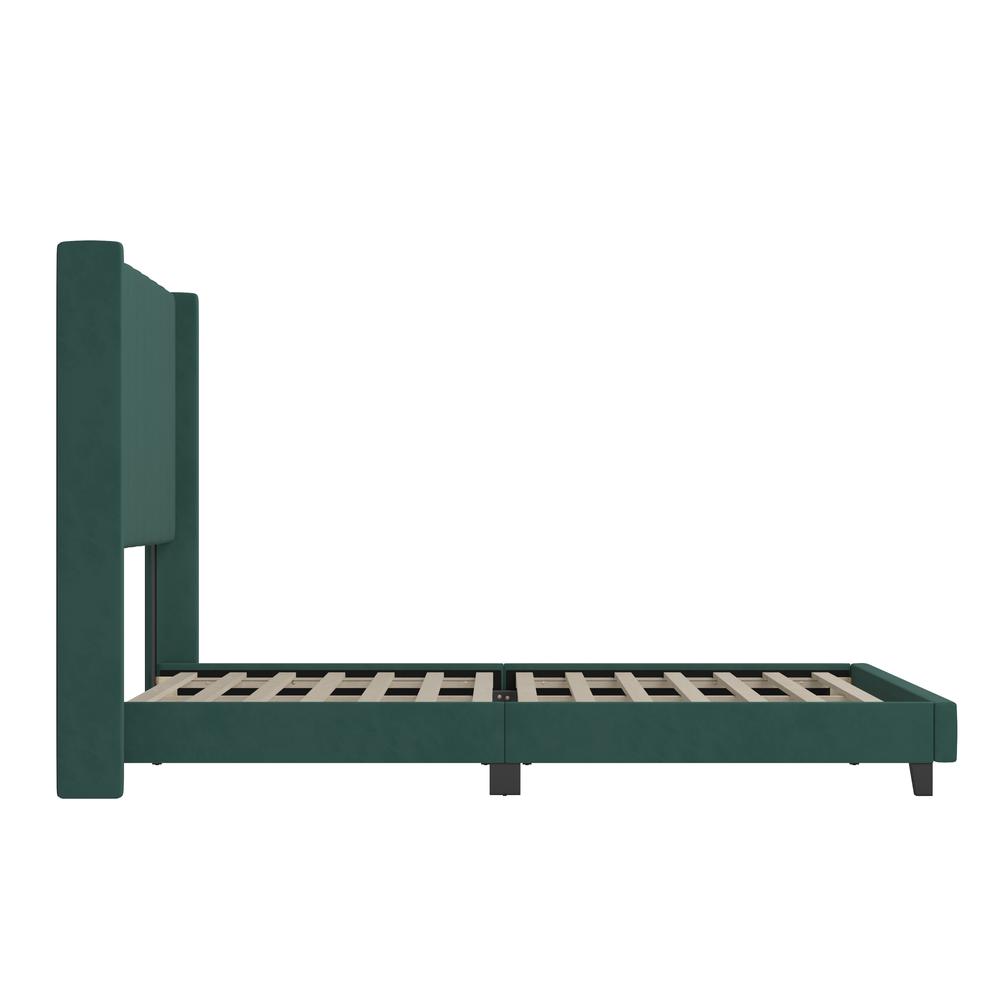 King Upholstered Platform Bed with Vertical Stitched Headboard, Emerald Velvet. Picture 9