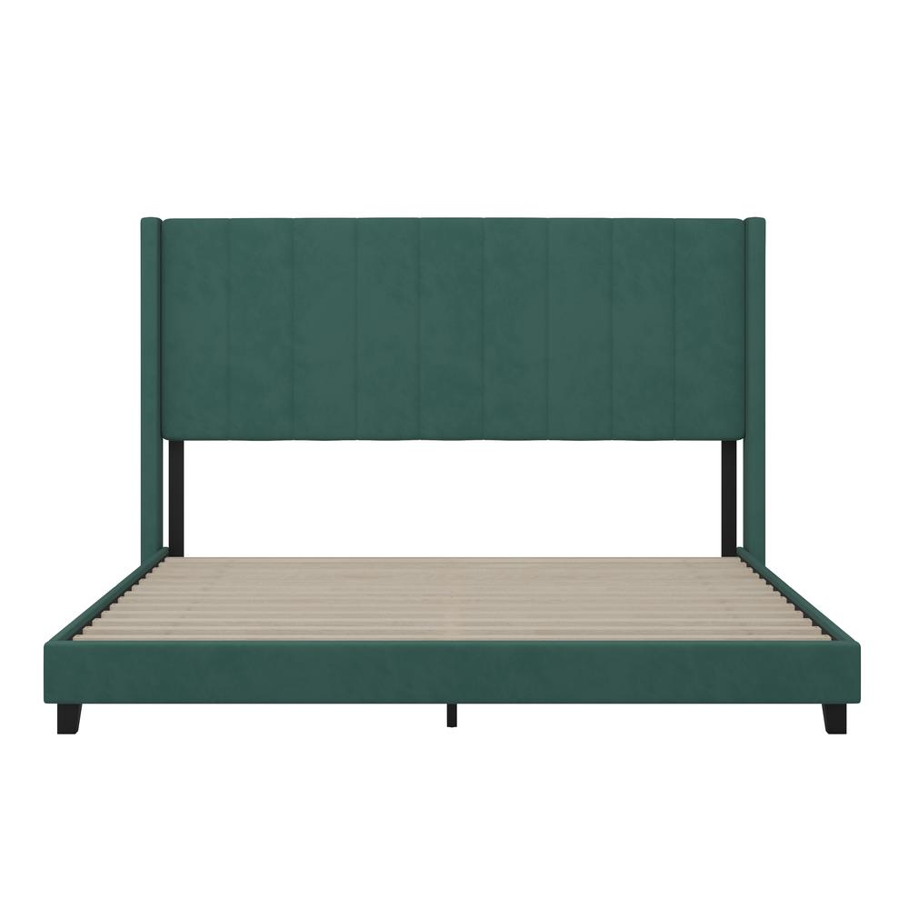 King Upholstered Platform Bed with Vertical Stitched Headboard, Emerald Velvet. Picture 10