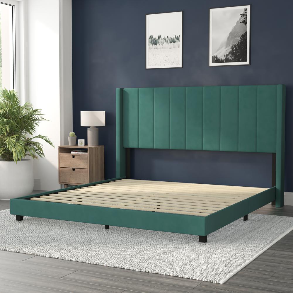 King Upholstered Platform Bed with Vertical Stitched Headboard, Emerald Velvet. Picture 7