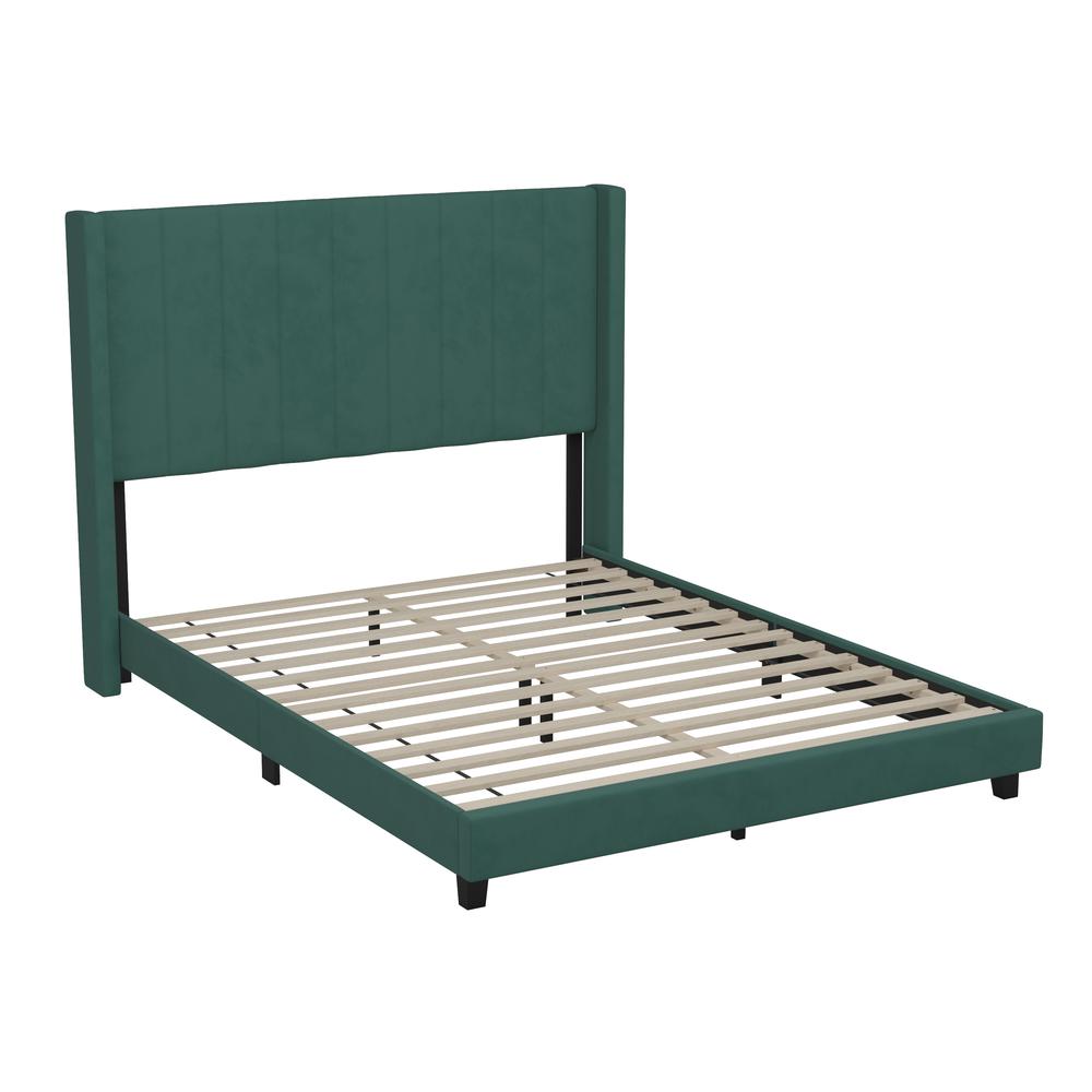 Queen Upholstered Platform Bed with Vertical Stitched Headboard, Emerald Velvet. Picture 2