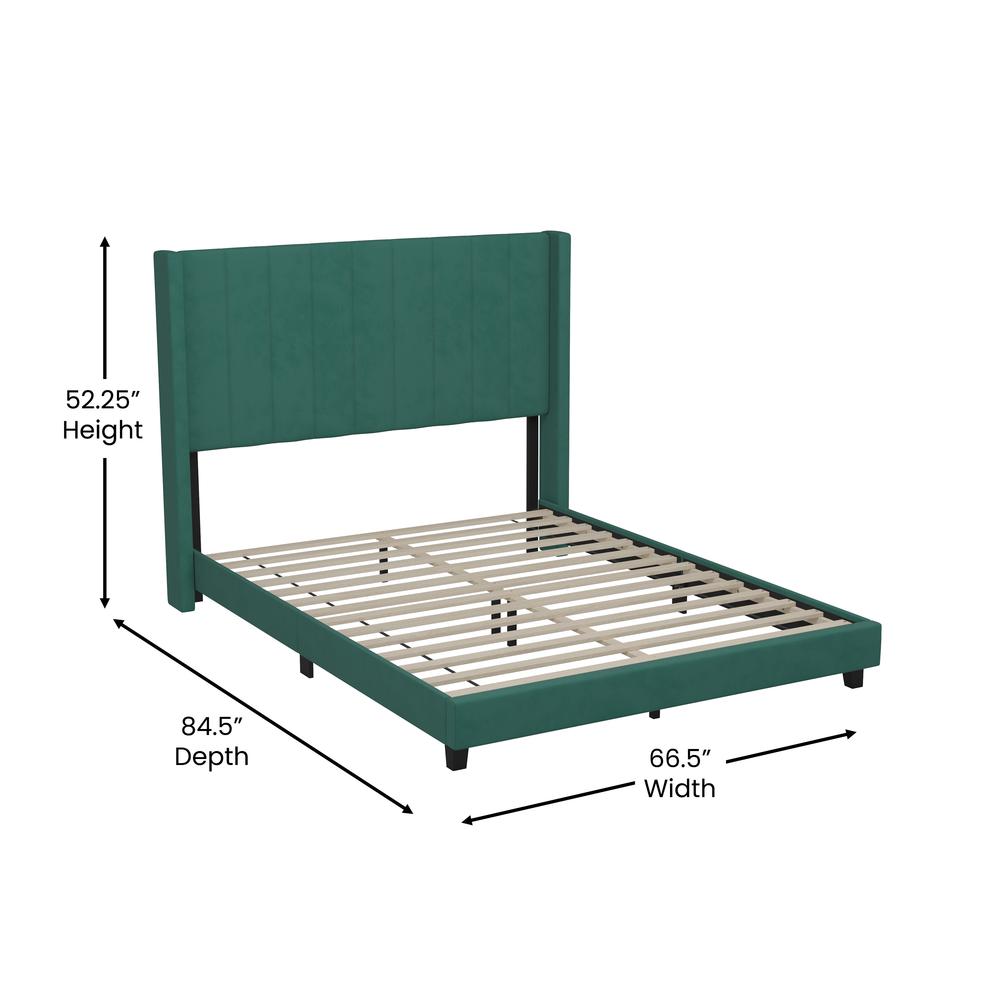 Queen Upholstered Platform Bed with Vertical Stitched Headboard, Emerald Velvet. Picture 5