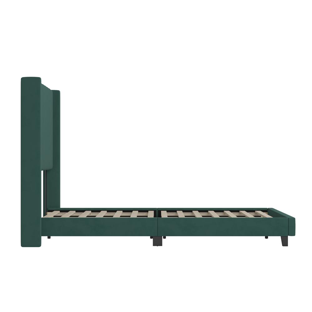 Queen Upholstered Platform Bed with Vertical Stitched Headboard, Emerald Velvet. Picture 9