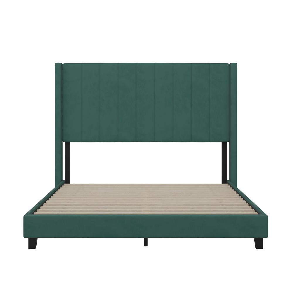 Queen Upholstered Platform Bed with Vertical Stitched Headboard, Emerald Velvet. Picture 10
