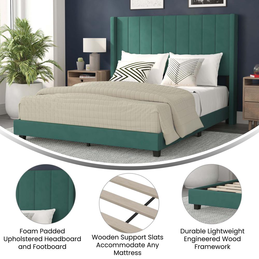 Queen Upholstered Platform Bed with Vertical Stitched Headboard, Emerald Velvet. Picture 4