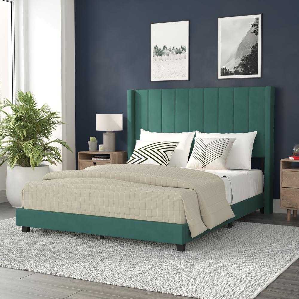 Queen Upholstered Platform Bed with Vertical Stitched Headboard, Emerald Velvet. Picture 1