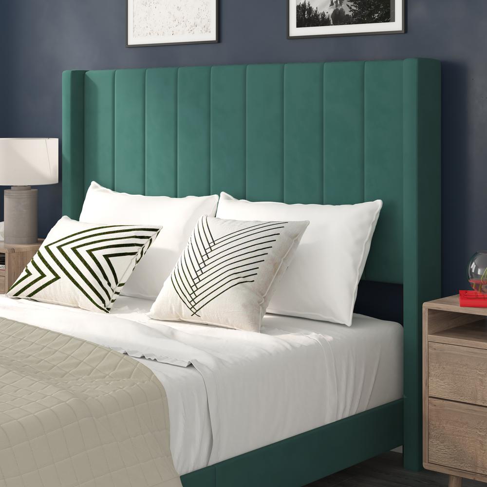 Queen Upholstered Platform Bed with Vertical Stitched Headboard, Emerald Velvet. Picture 6