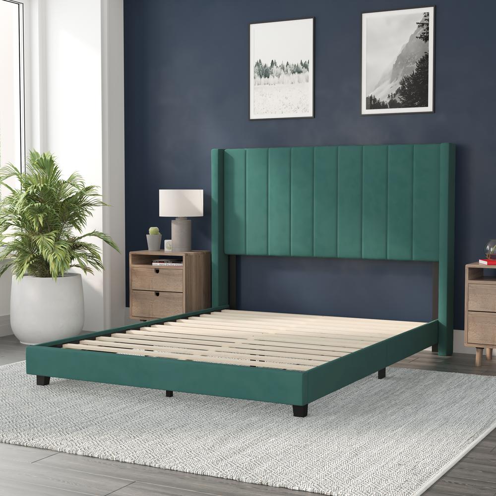 Queen Upholstered Platform Bed with Vertical Stitched Headboard, Emerald Velvet. Picture 7