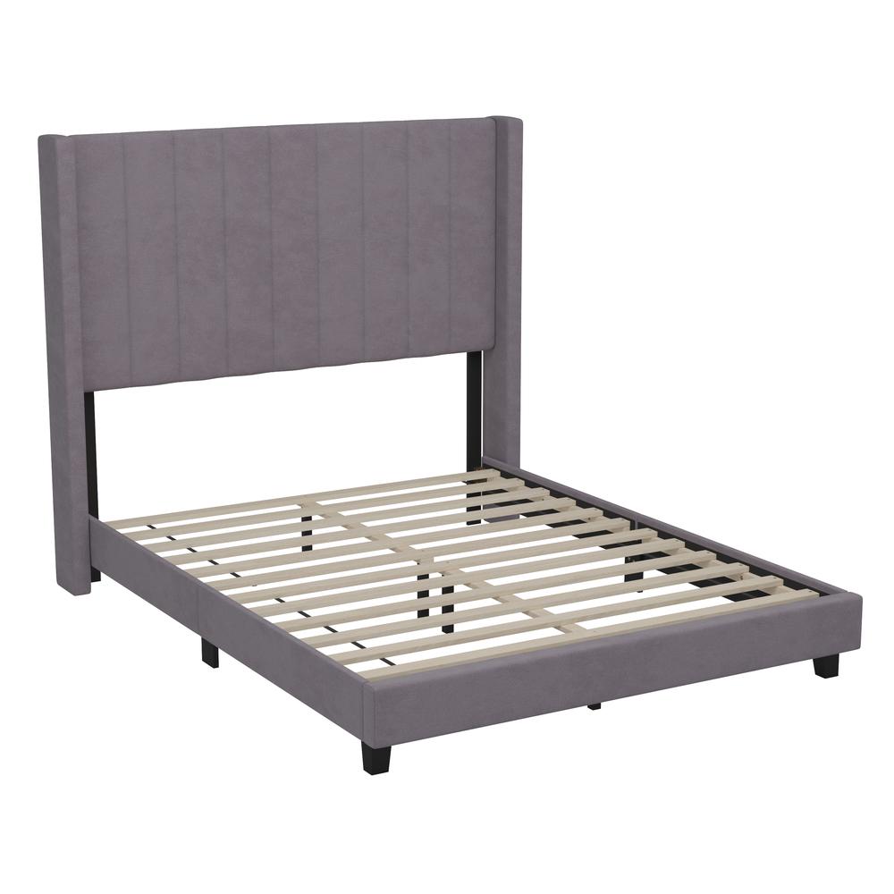 Full Upholstered Platform Bed with Vertical Stitched Headboard, Gray Velvet. Picture 2
