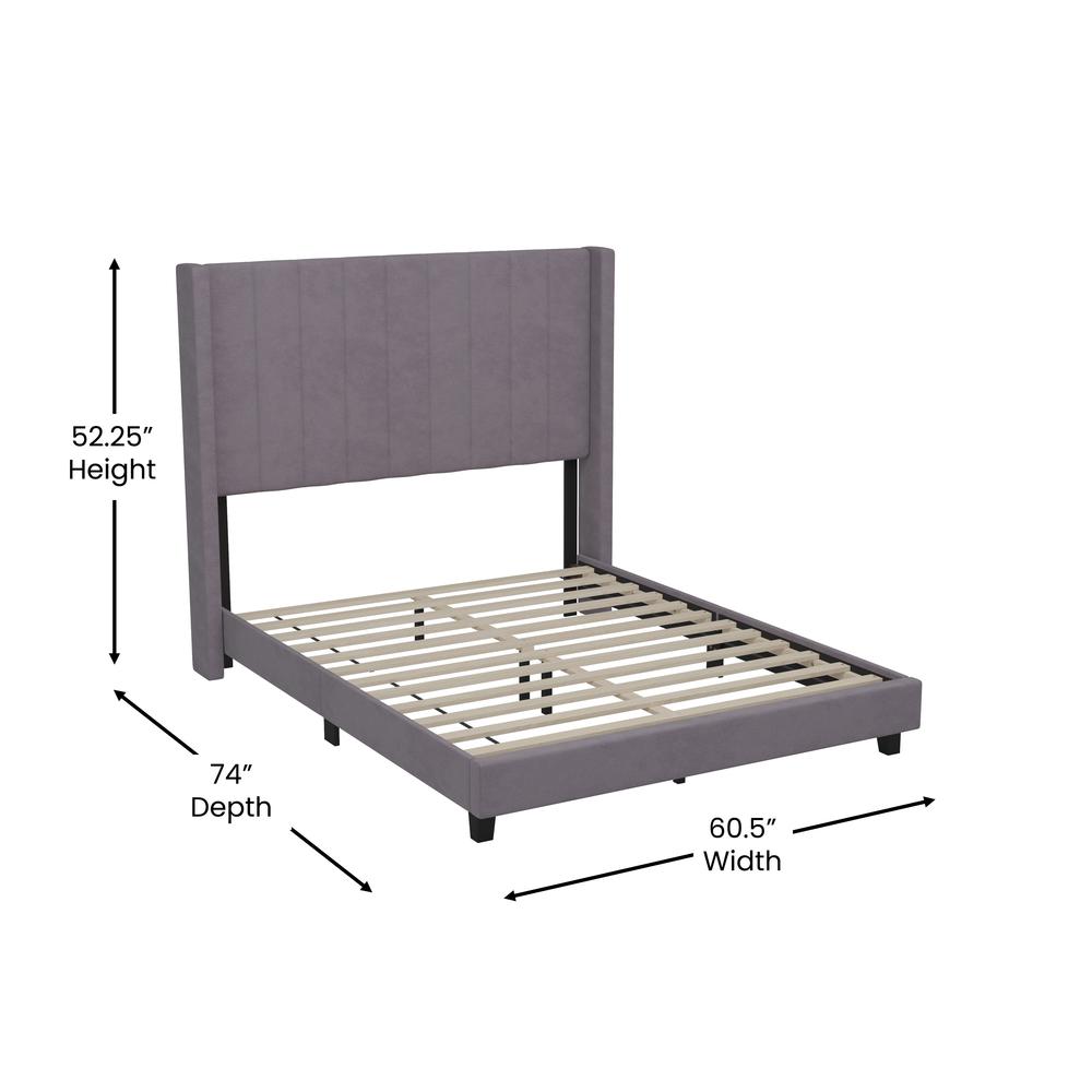 Full Upholstered Platform Bed with Vertical Stitched Headboard, Gray Velvet. Picture 5