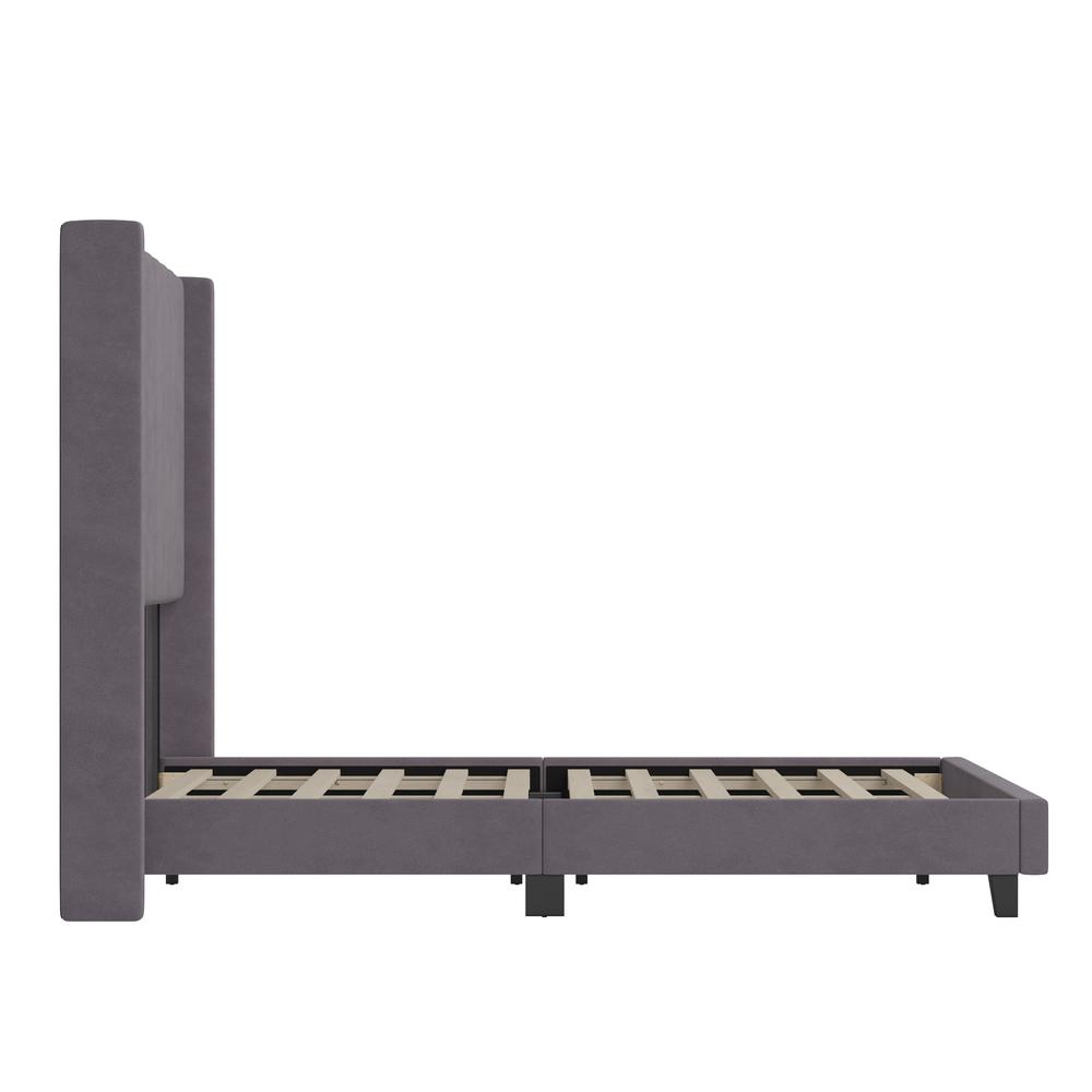 Full Upholstered Platform Bed with Vertical Stitched Headboard, Gray Velvet. Picture 9