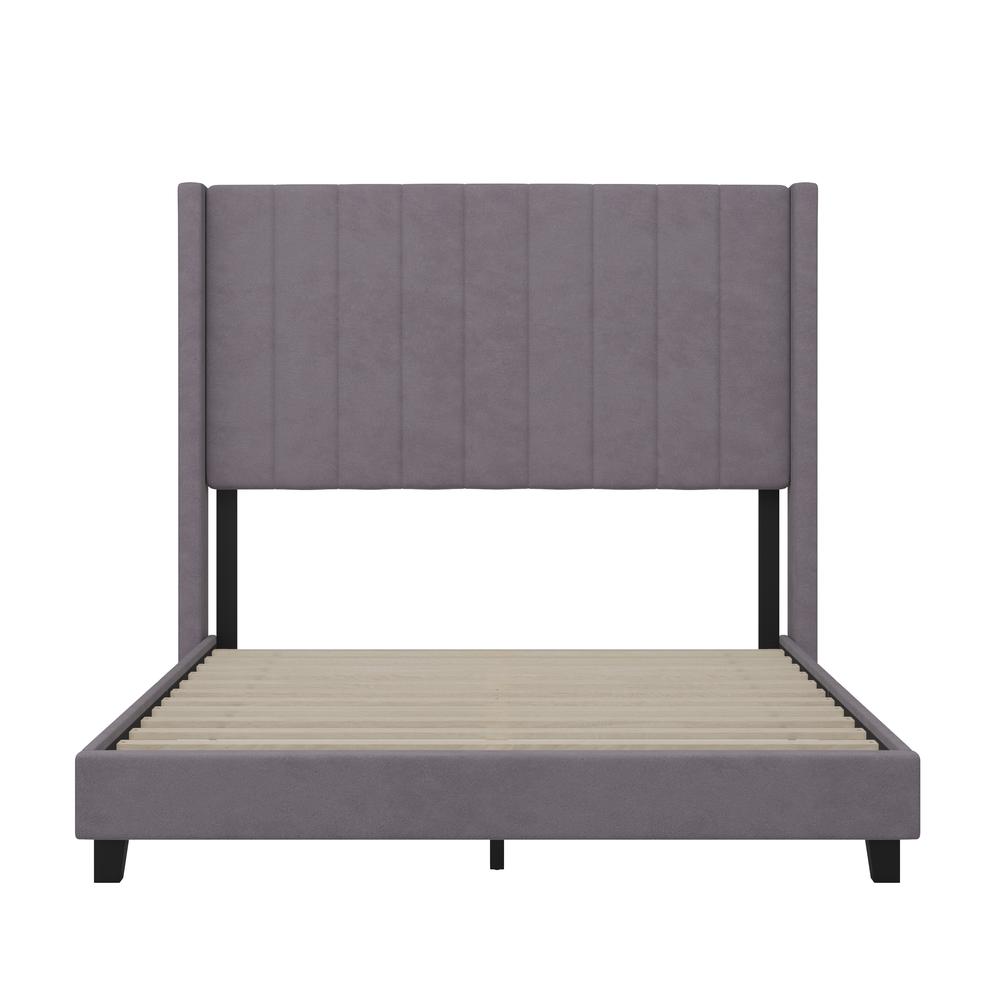 Full Upholstered Platform Bed with Vertical Stitched Headboard, Gray Velvet. Picture 10