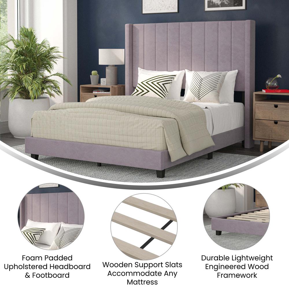 Full Upholstered Platform Bed with Vertical Stitched Headboard, Gray Velvet. Picture 4