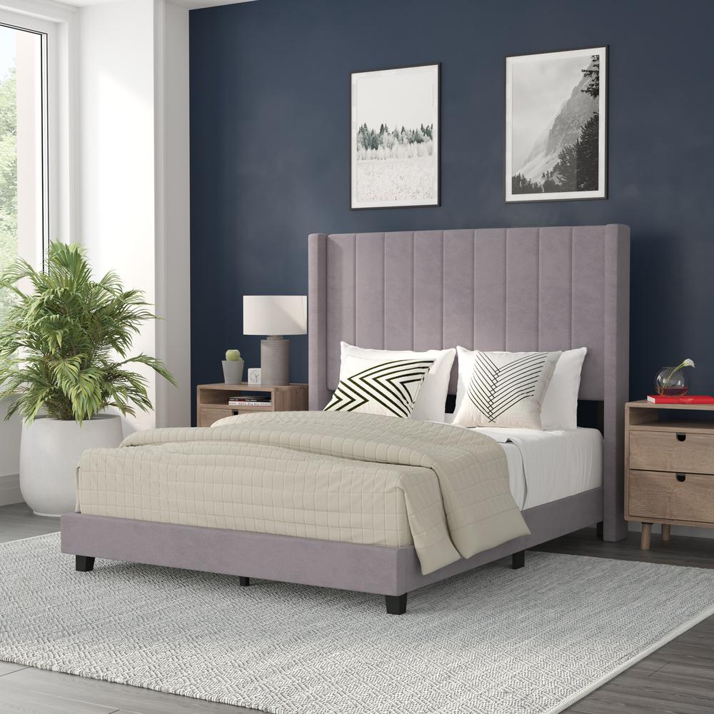 Full Upholstered Platform Bed with Vertical Stitched Headboard, Gray Velvet. Picture 1